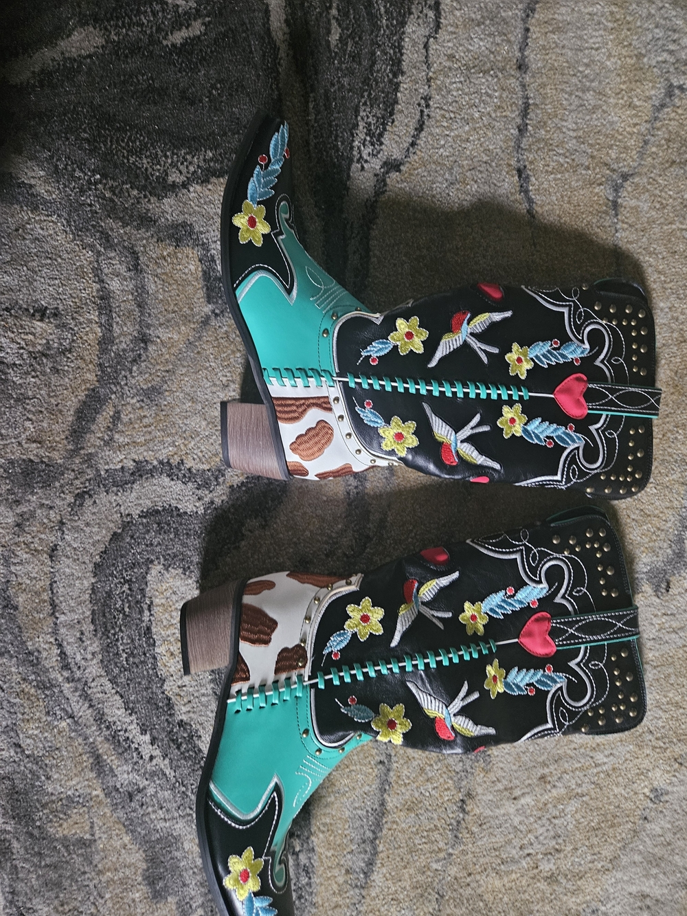SHEIN Black & Teal Embroidered Western Heeled Boots